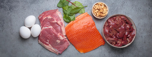 A selection of creatine food sources including red meat, fish, and chicken arranged on a plate. 