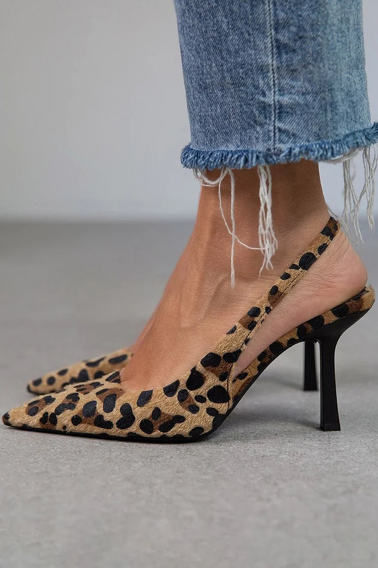 Sadie Zapatos de tacón para mujer con punta puntiaguda – Tacón de aguja fino con estampado animal y correa trasera ajustable