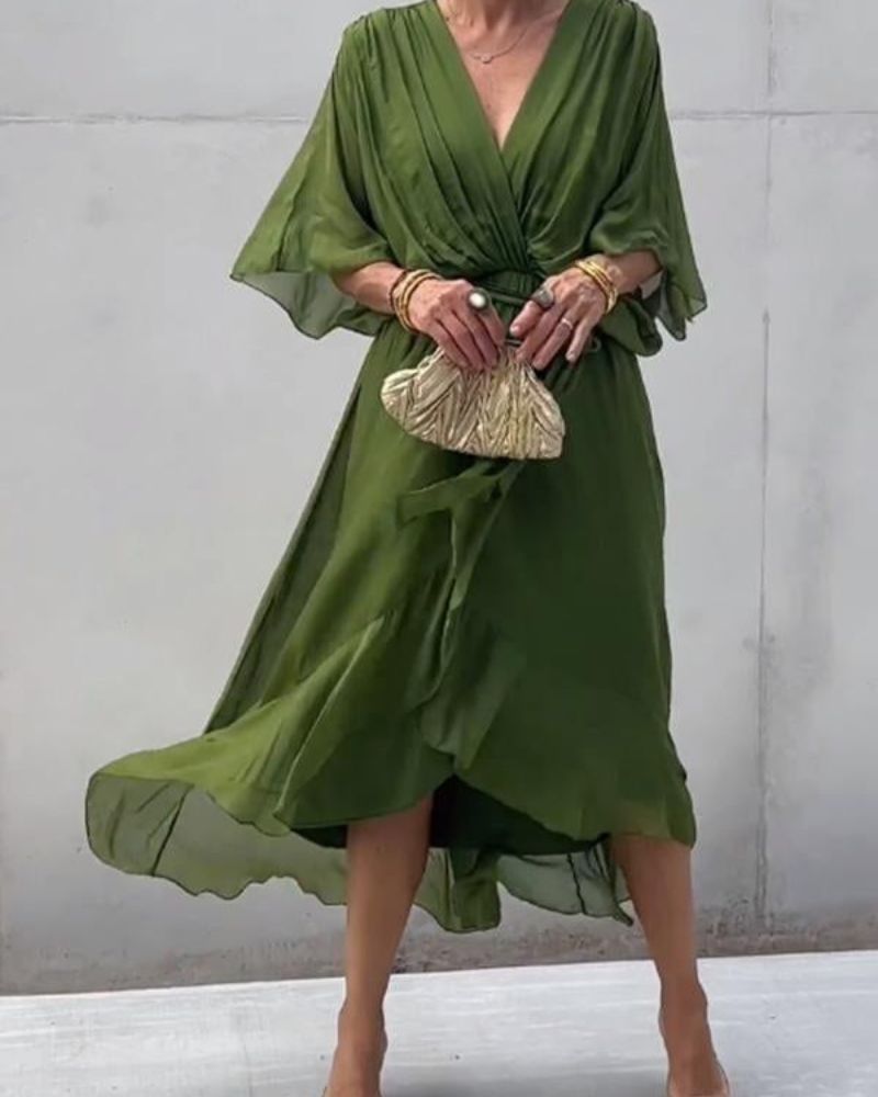 Ženska haljina Cristi – Elegantna haljina na preklop s rukavima šišmiša i asimetričnim rubom