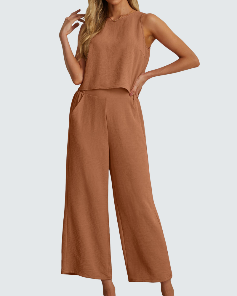 Velly Women's Summer Set – Sleeveless Top & High-Waisted Wide-Leg Pants