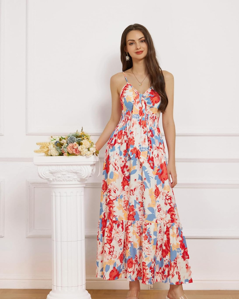 Sukienka maxi damska Darla w kwiaty – cienkie ramiączka, dekolt w serek, wiązana w talii, boho lato