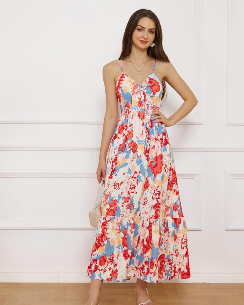 Sukienka maxi damska Darla w kwiaty – cienkie ramiączka, dekolt w serek, wiązana w talii, boho lato