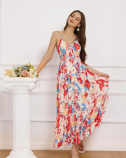 Sukienka maxi damska Darla w kwiaty – cienkie ramiączka, dekolt w serek, wiązana w talii, boho lato