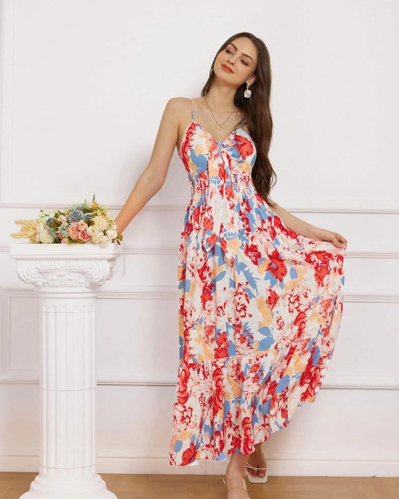 Sukienka maxi damska Darla w kwiaty – cienkie ramiączka, dekolt w serek, wiązana w talii, boho lato