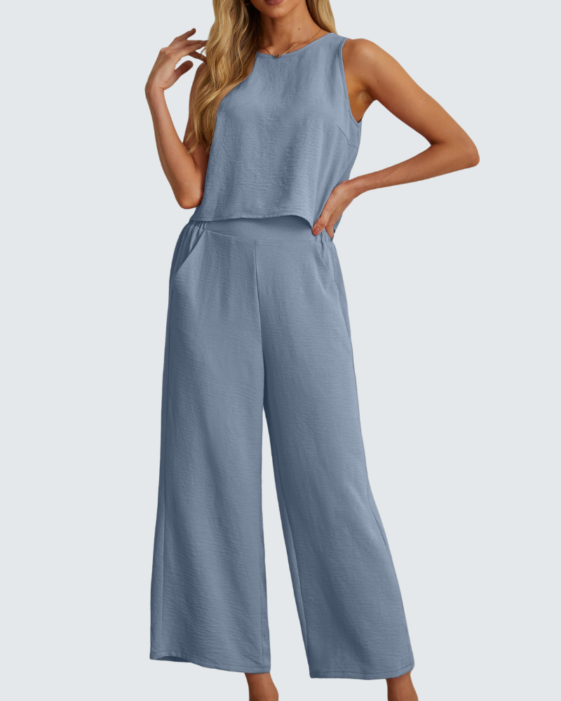 Velly Women's Summer Set – Sleeveless Top & High-Waisted Wide-Leg Pants