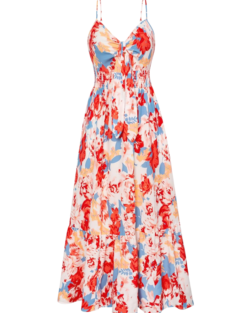 Sukienka maxi damska Darla w kwiaty – cienkie ramiączka, dekolt w serek, wiązana w talii, boho lato