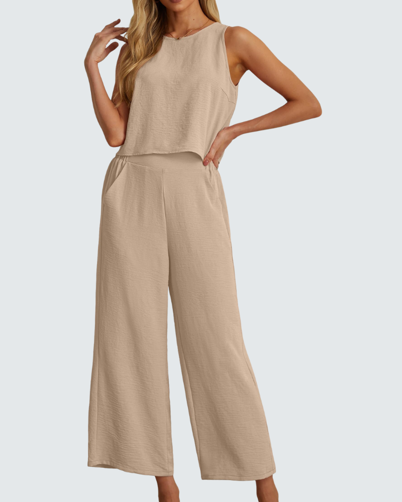 Velly Women's Summer Set – Sleeveless Top & High-Waisted Wide-Leg Pants