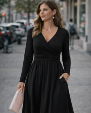 Vestido Regina Mulher – Decote em V Liso, Mangas Compridas e Corte Midi Evasê com Bolsos
