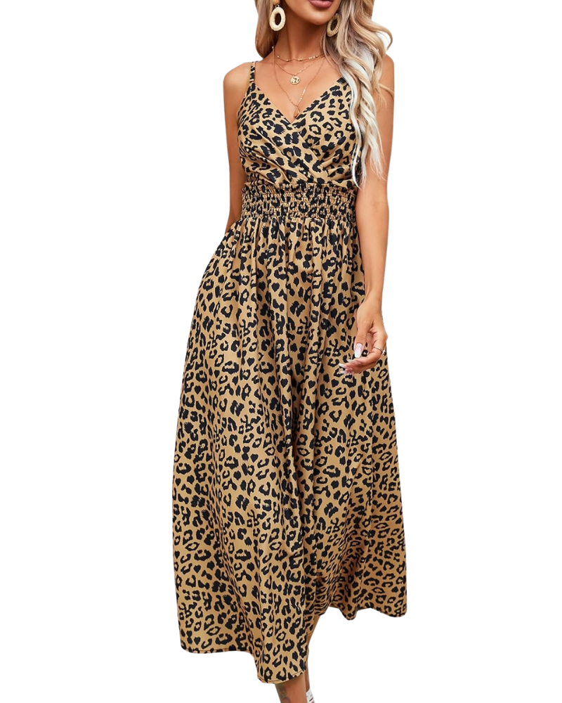 Vestito lungo da donna Carmie leopardato – spalline, schiena scoperta, scollo a V, taglio a trapezio, estivo