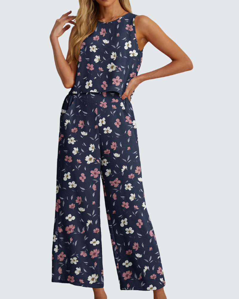 Velly Women's Summer Set – Sleeveless Top & High-Waisted Wide-Leg Pants