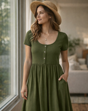 Rochie Maloi pentru femei – guler rotund, croială evazată midi și talie elastică cu buzunare, vară