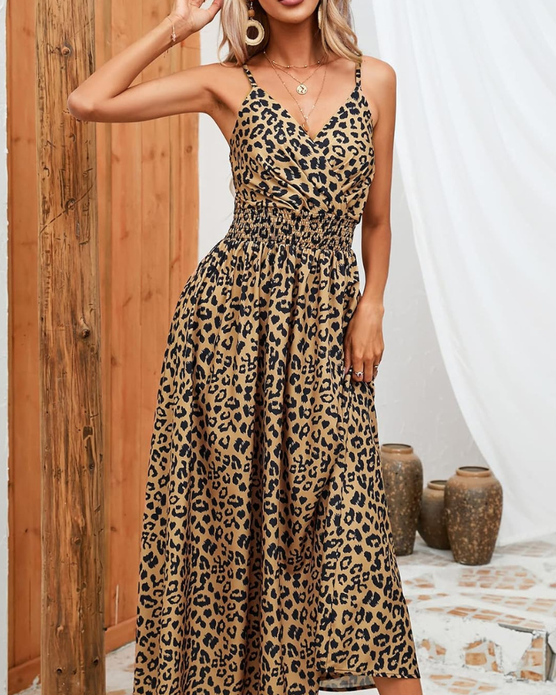 Vestito lungo da donna Carmie leopardato – spalline, schiena scoperta, scollo a V, taglio a trapezio, estivo