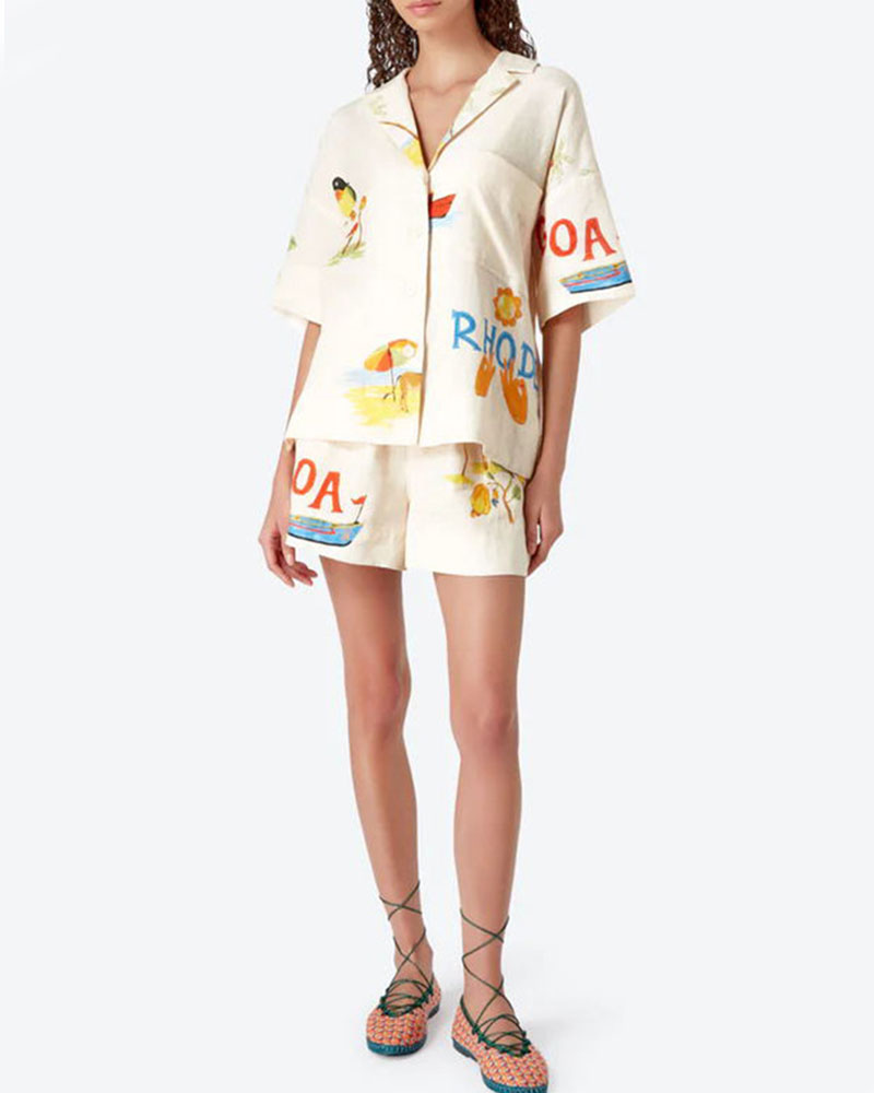Set di lino femminile Stella - coordinato estivo con stampa tropicale, camicia leggera e pantaloncini confortevoli
