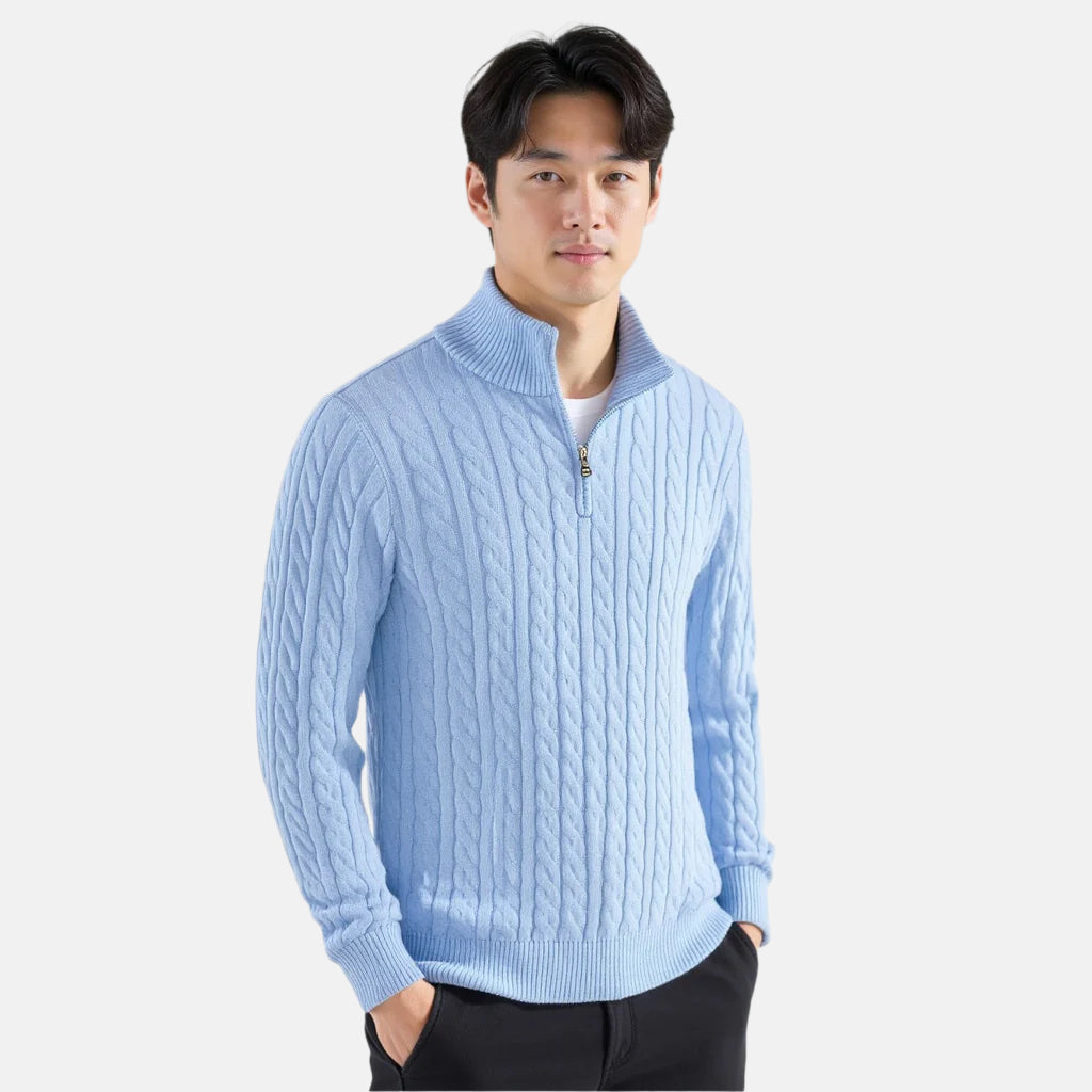 Sweter męski z półzamkiem z dzianiny warkoczowej – elegancki sweter z wysokim kołnierzem z mieszanki wełny w klasycznym stylu