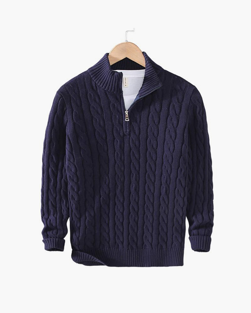Sweter męski z półzamkiem z dzianiny warkoczowej – elegancki sweter z wysokim kołnierzem z mieszanki wełny w klasycznym stylu