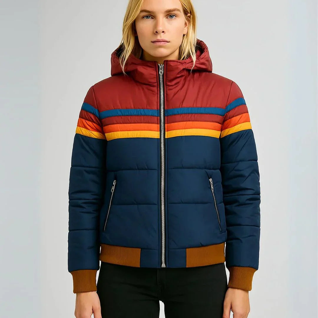 Scarlett Retro Donsjas Dames – Multikleurige Winterjas met Capuchon en Rits
