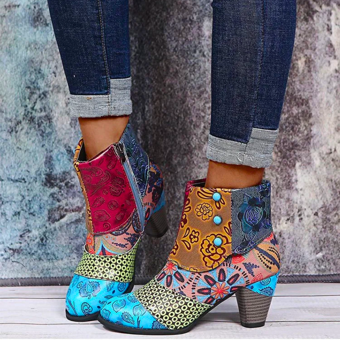 Women's Rain Boots Lauren - Retro Waterproof Boots with High Heel and Ethnic Pattern for Autumn