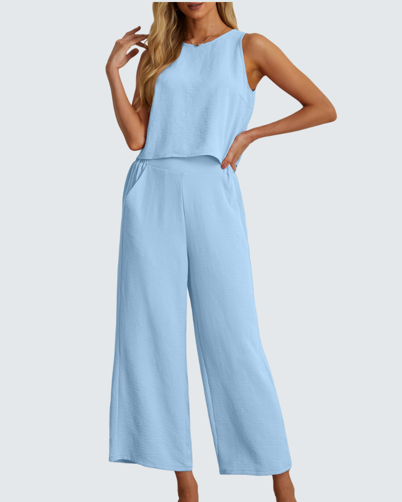 Velly Women's Summer Set – Sleeveless Top & High-Waisted Wide-Leg Pants