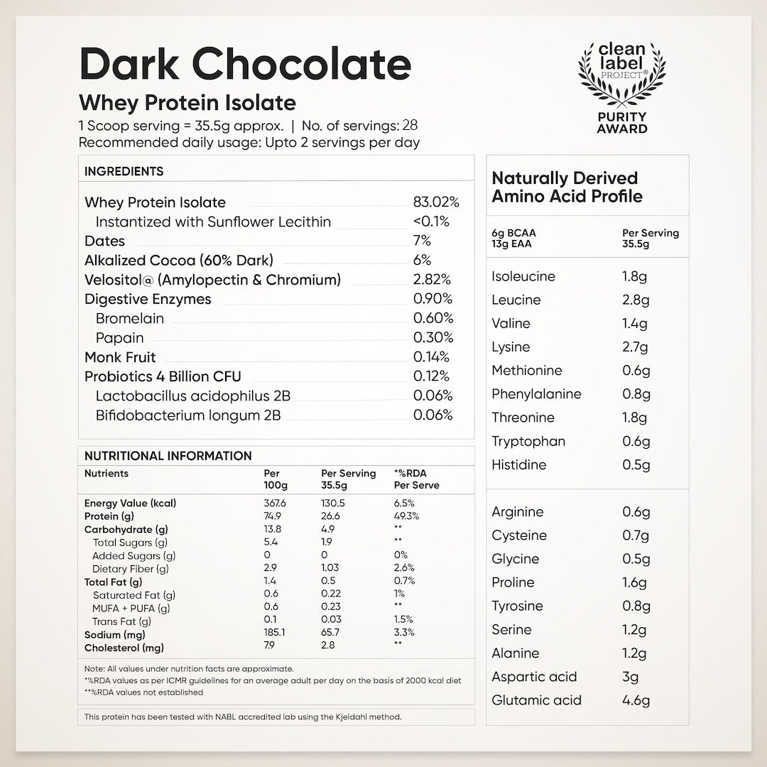 Whey Protein Isolate 26g | 1kg | 4B CFU Probiotics | Dark Chocolate
