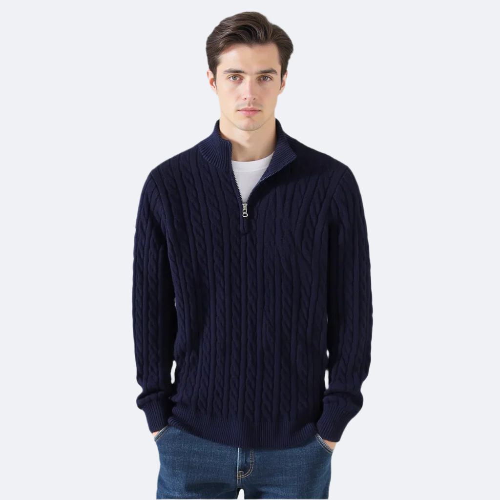 Sweter męski z półzamkiem z dzianiny warkoczowej – elegancki sweter z wysokim kołnierzem z mieszanki wełny w klasycznym stylu