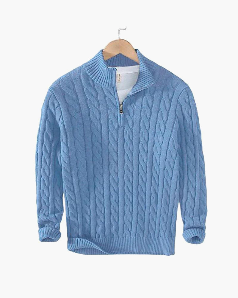 Sweter męski z półzamkiem z dzianiny warkoczowej – elegancki sweter z wysokim kołnierzem z mieszanki wełny w klasycznym stylu