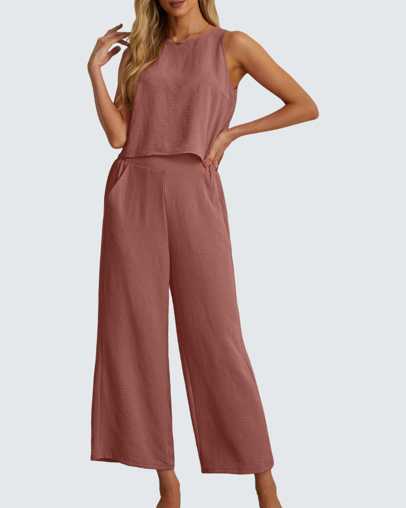 Velly Women's Summer Set – Sleeveless Top & High-Waisted Wide-Leg Pants