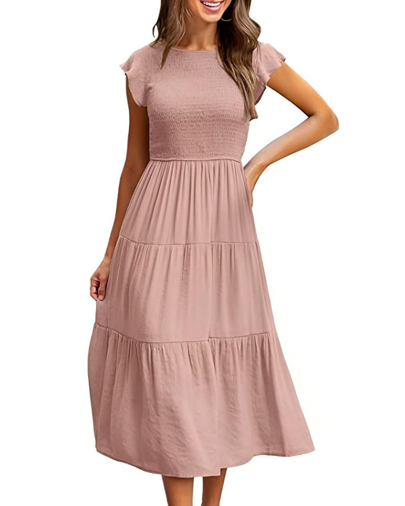 Vestido Midi Greta para Mujer – Cuello Redondo, Mangas con Volantes y Cintura Elástica Línea A Verano