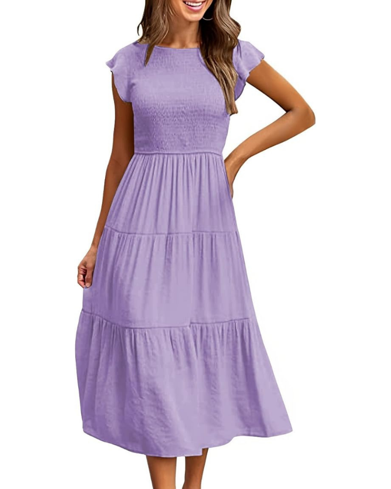 Vestido Midi Greta para Mujer – Cuello Redondo, Mangas con Volantes y Cintura Elástica Línea A Verano
