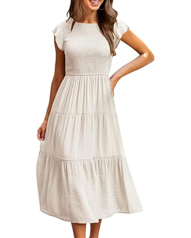 Vestido Midi Greta para Mujer – Cuello Redondo, Mangas con Volantes y Cintura Elástica Línea A Verano