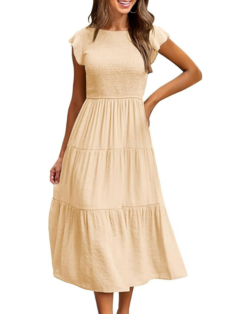 Vestido Midi Greta para Mujer – Cuello Redondo, Mangas con Volantes y Cintura Elástica Línea A Verano
