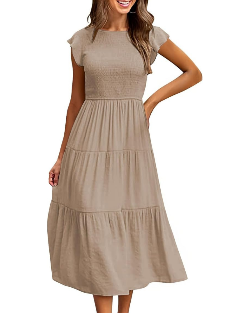 Vestido Midi Greta para Mujer – Cuello Redondo, Mangas con Volantes y Cintura Elástica Línea A Verano