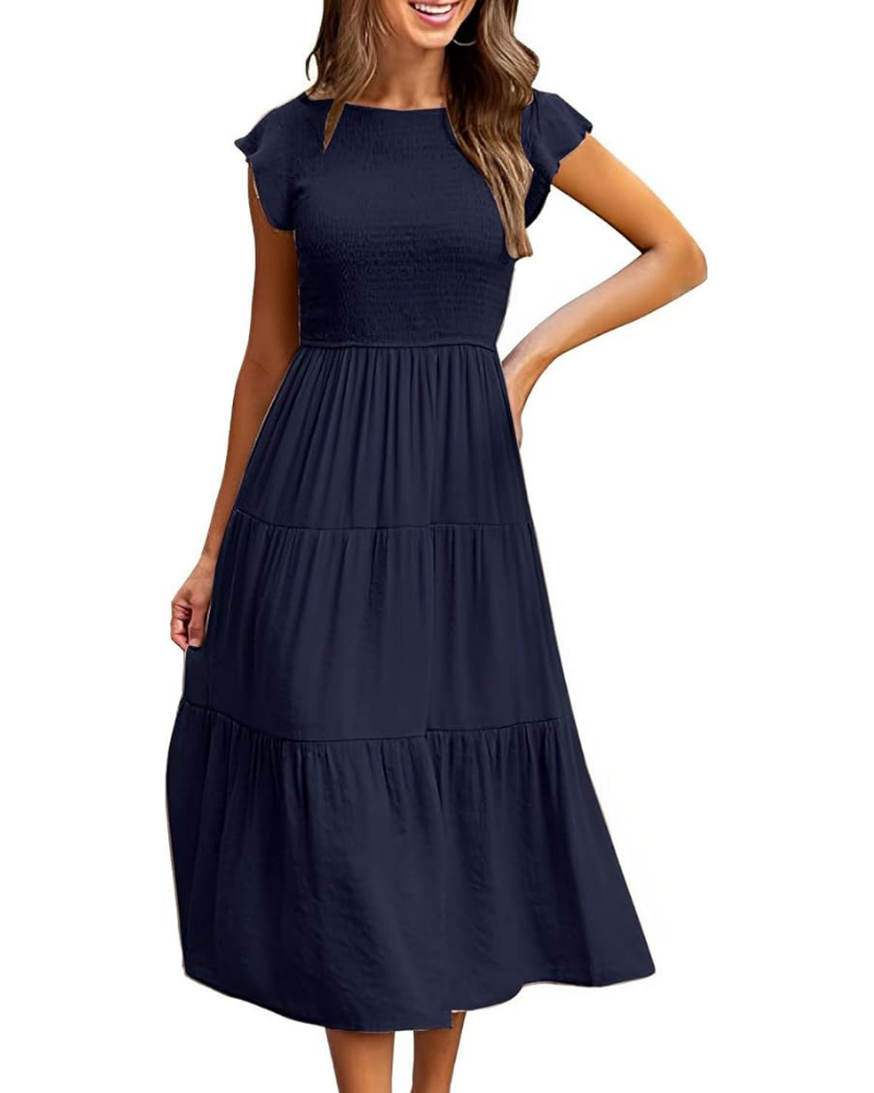Vestido Midi Greta para Mujer – Cuello Redondo, Mangas con Volantes y Cintura Elástica Línea A Verano