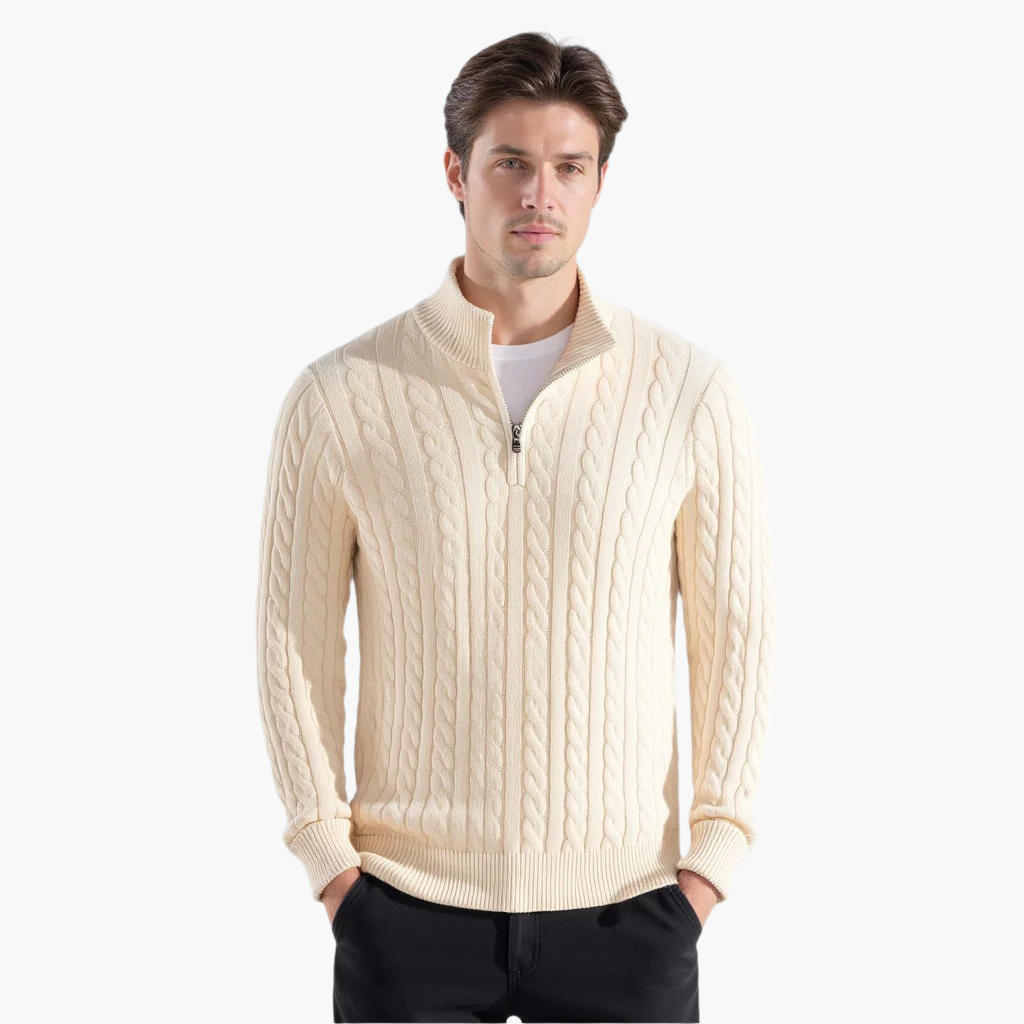 Sweter męski z półzamkiem z dzianiny warkoczowej – elegancki sweter z wysokim kołnierzem z mieszanki wełny w klasycznym stylu