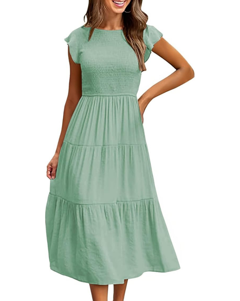 Vestido Midi Greta para Mujer – Cuello Redondo, Mangas con Volantes y Cintura Elástica Línea A Verano