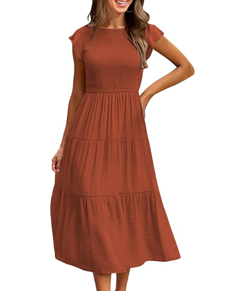 Vestido Midi Greta para Mujer – Cuello Redondo, Mangas con Volantes y Cintura Elástica Línea A Verano