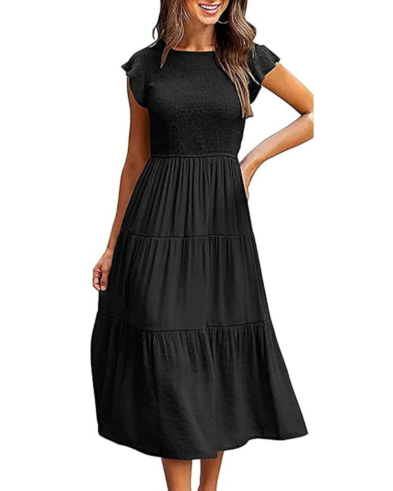 Vestido Midi Greta para Mujer – Cuello Redondo, Mangas con Volantes y Cintura Elástica Línea A Verano