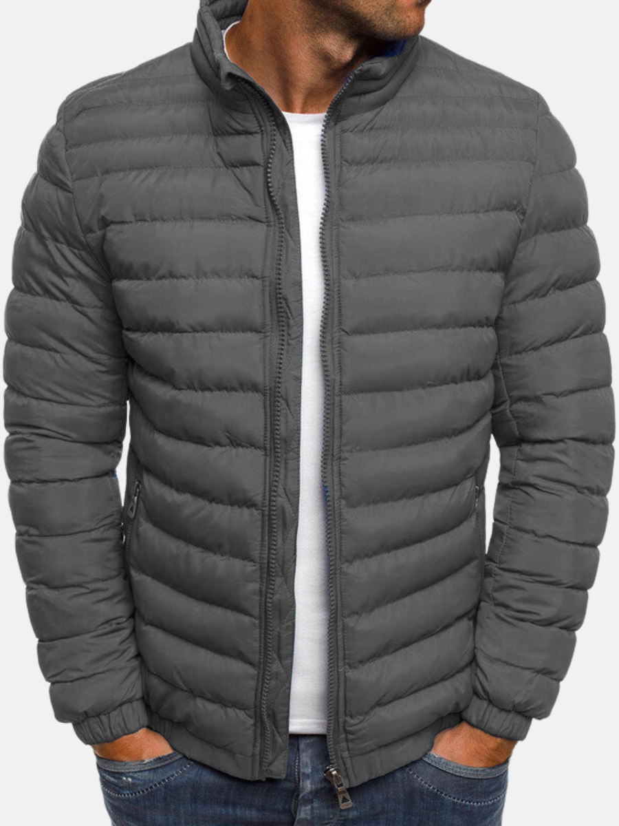 Manual Quilted Jacket for Men – Light Straight Cut with Stand-up Collar & Zipper Closure