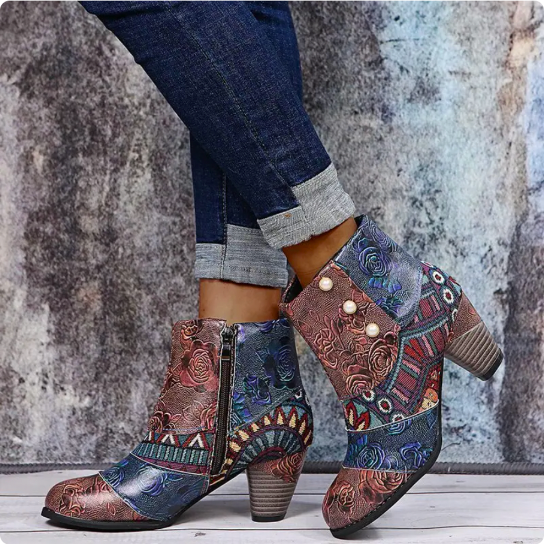Women's Rain Boots Lauren - Retro Waterproof Boots with High Heel and Ethnic Pattern for Autumn
