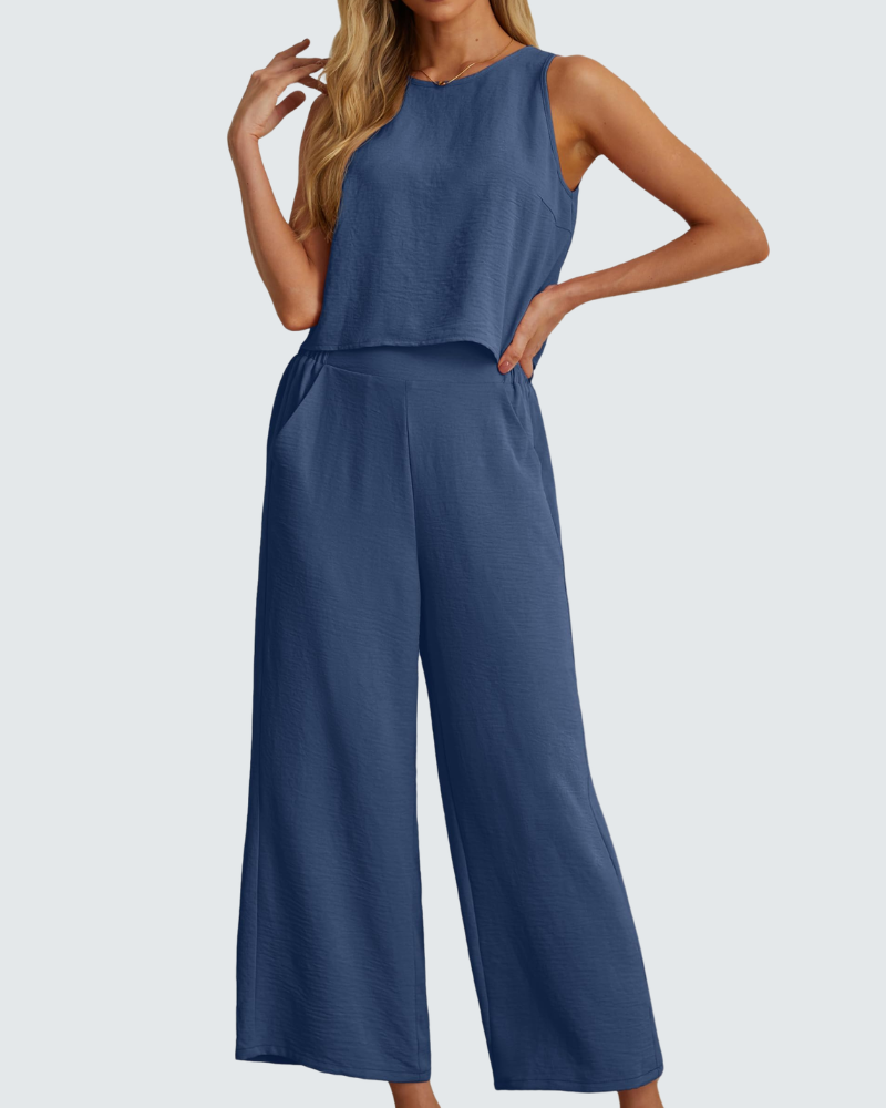 Velly Women's Summer Set – Sleeveless Top & High-Waisted Wide-Leg Pants