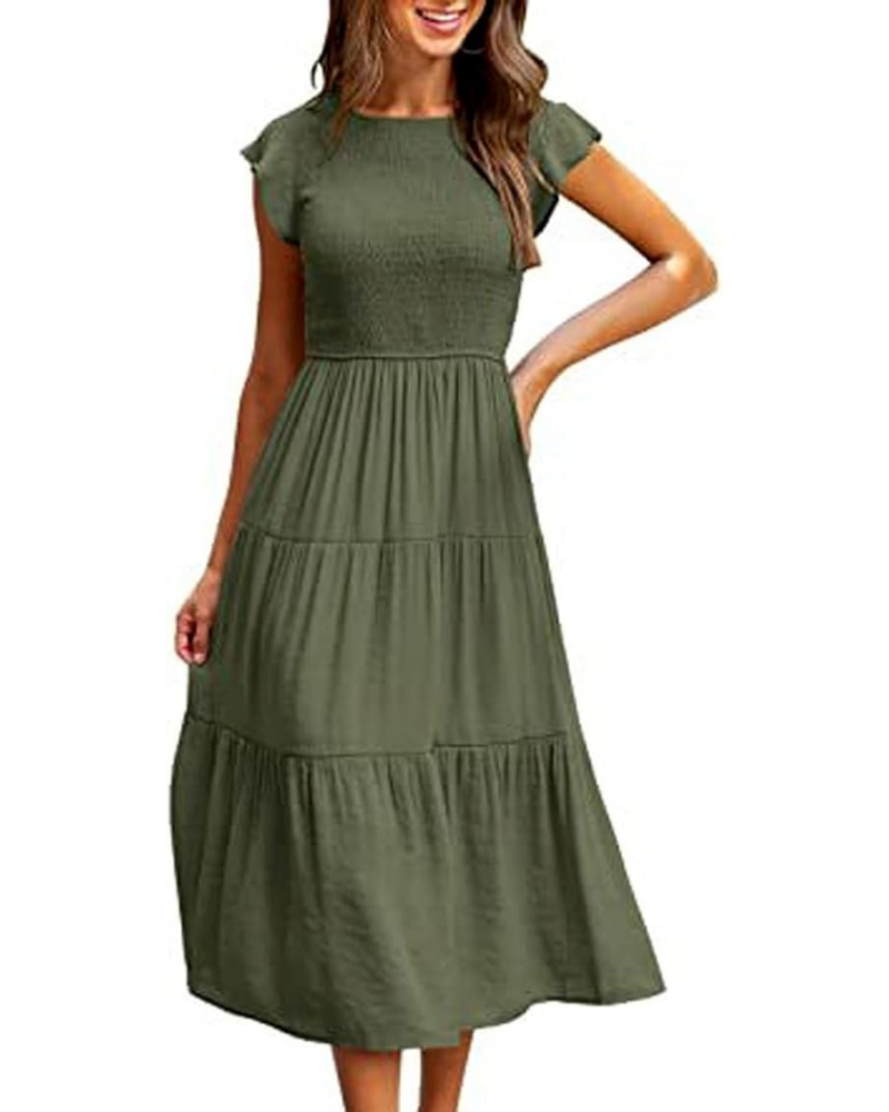 Vestido Midi Greta para Mujer – Cuello Redondo, Mangas con Volantes y Cintura Elástica Línea A Verano