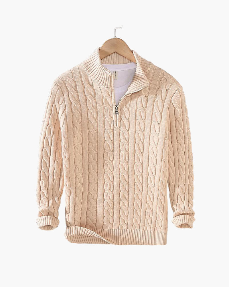 Sweter męski z półzamkiem z dzianiny warkoczowej – elegancki sweter z wysokim kołnierzem z mieszanki wełny w klasycznym stylu