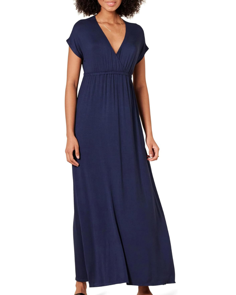 Risa Women's Long Dress – Crossed V-Neck, Empire Waist & Comfortable Elegant Flowing Fit