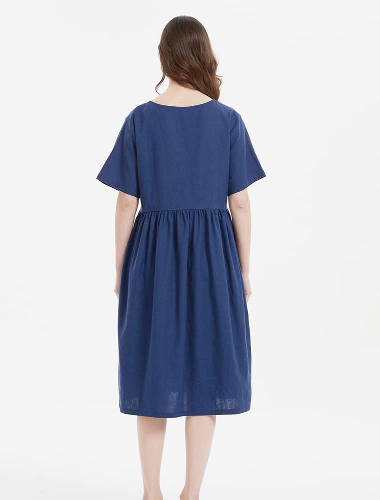 Camélia Damen Leinen Maxikleid – Weites Boho-Kleid mit kurzen Ärmeln und Taschen
