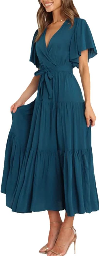 Elisa Abito Donna – Abito Maxi Scollo a V Vita Alta Volant Boho Estate Elegante