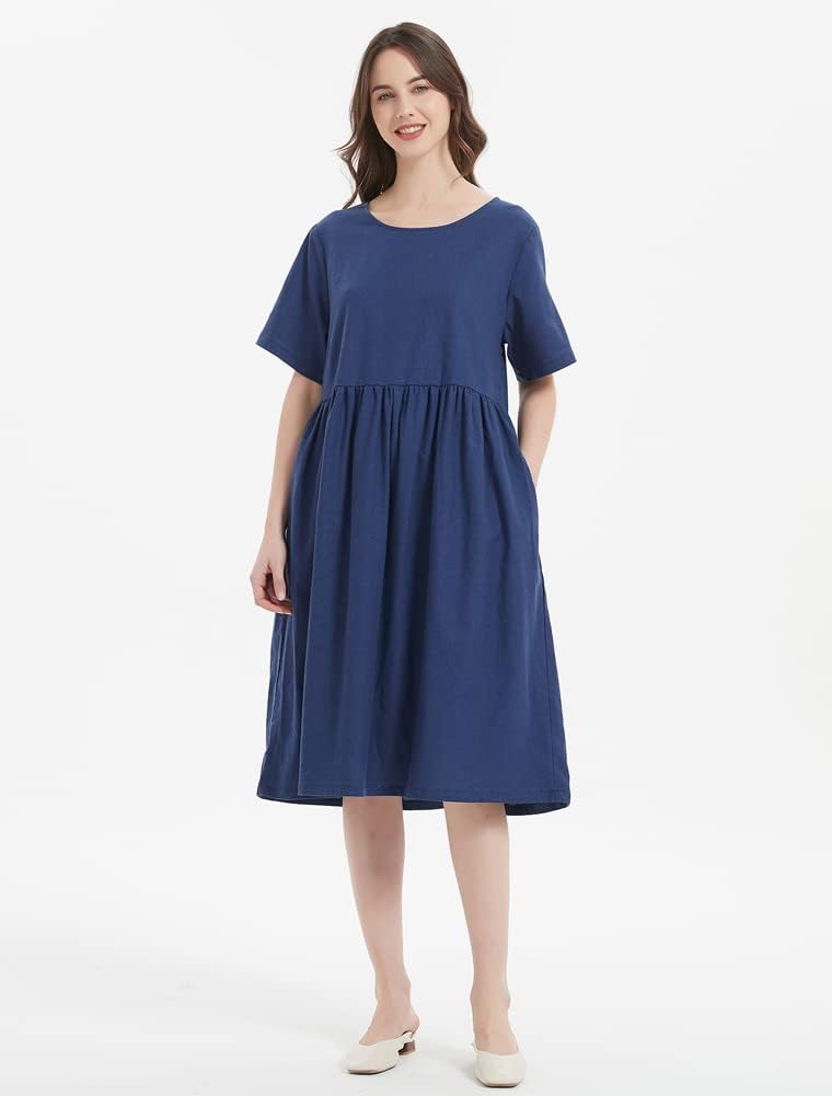 Camélia Damen Leinen Maxikleid – Weites Boho-Kleid mit kurzen Ärmeln und Taschen