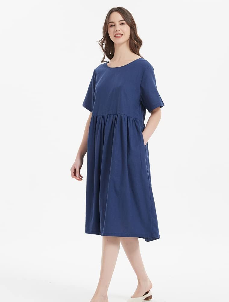 Camélia Damen Leinen Maxikleid – Weites Boho-Kleid mit kurzen Ärmeln und Taschen