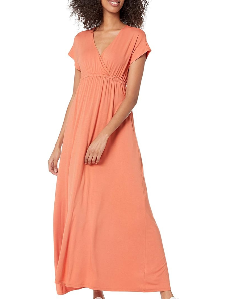 Risa Women's Long Dress – Crossed V-Neck, Empire Waist & Comfortable Elegant Flowing Fit