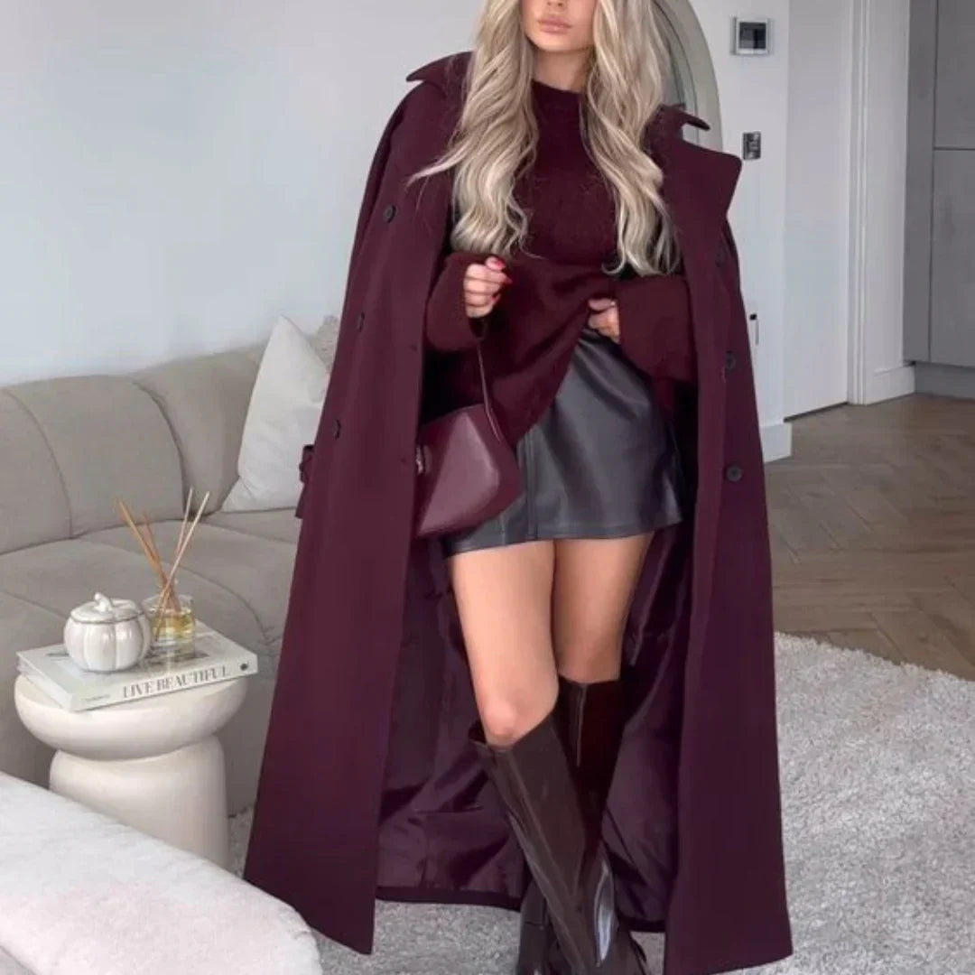Victoria Damen Oversize-Mantel – Eleganter Wollmischmantel in Burgunderrot mit schicker Passform