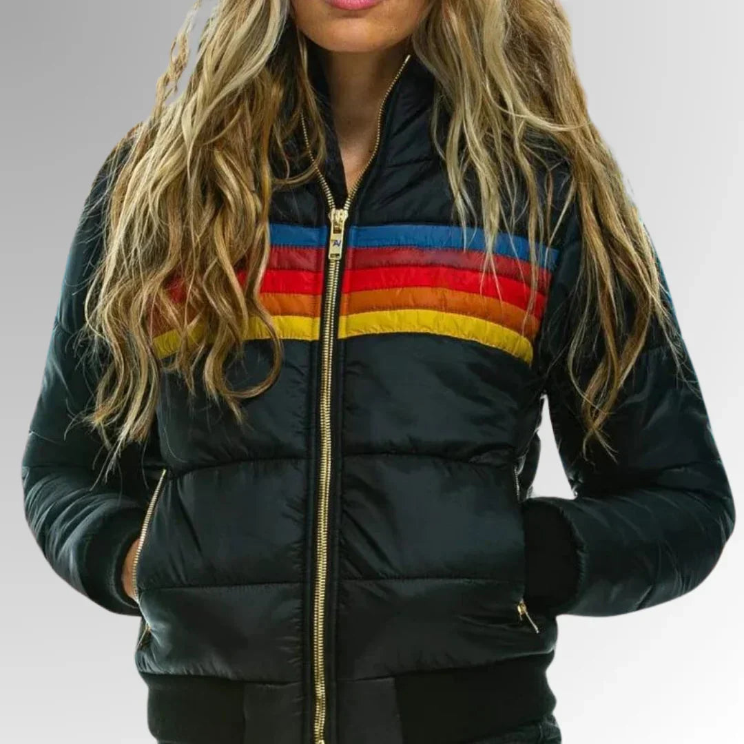 Scarlett Doudoune Femme Rétro – Manteau d’Hiver Multicolore avec Capuche et Fermeture Éclair