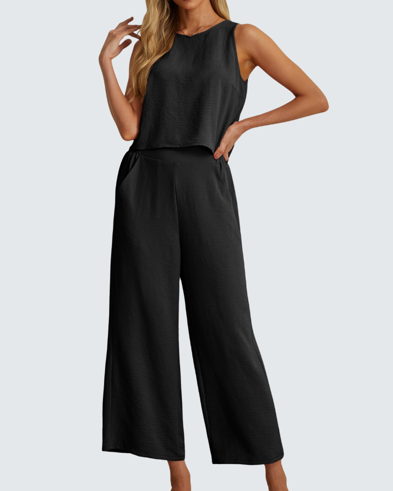 Velly Women's Summer Set – Sleeveless Top & High-Waisted Wide-Leg Pants